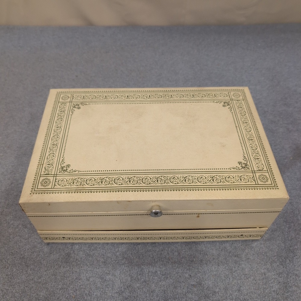 Vintage Cream Faux Leather Multi Tier Jewelry Box Red Velvet Lining Filigree - Picture 2 of 8